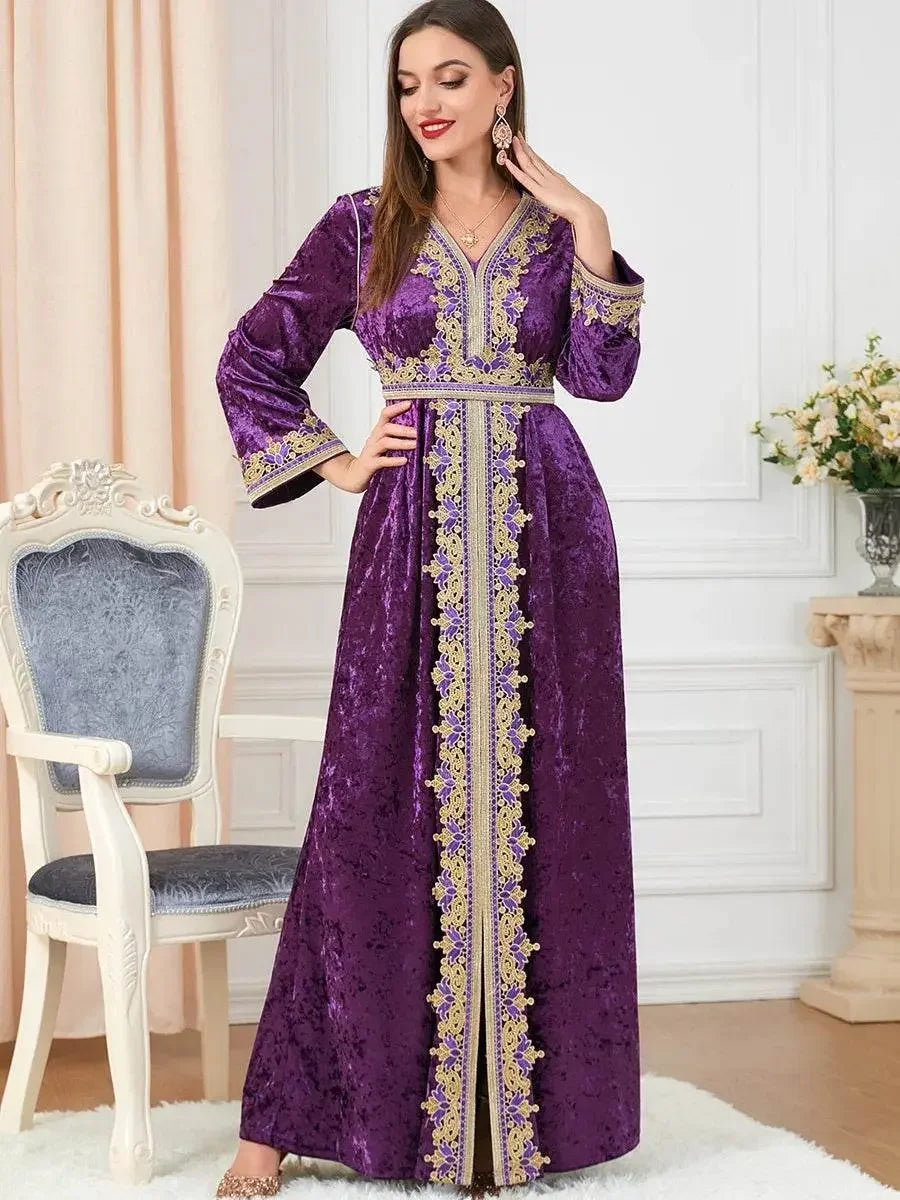 Velvet Gown Golden Ribbon Luxury Kaftan - IVORYNN
