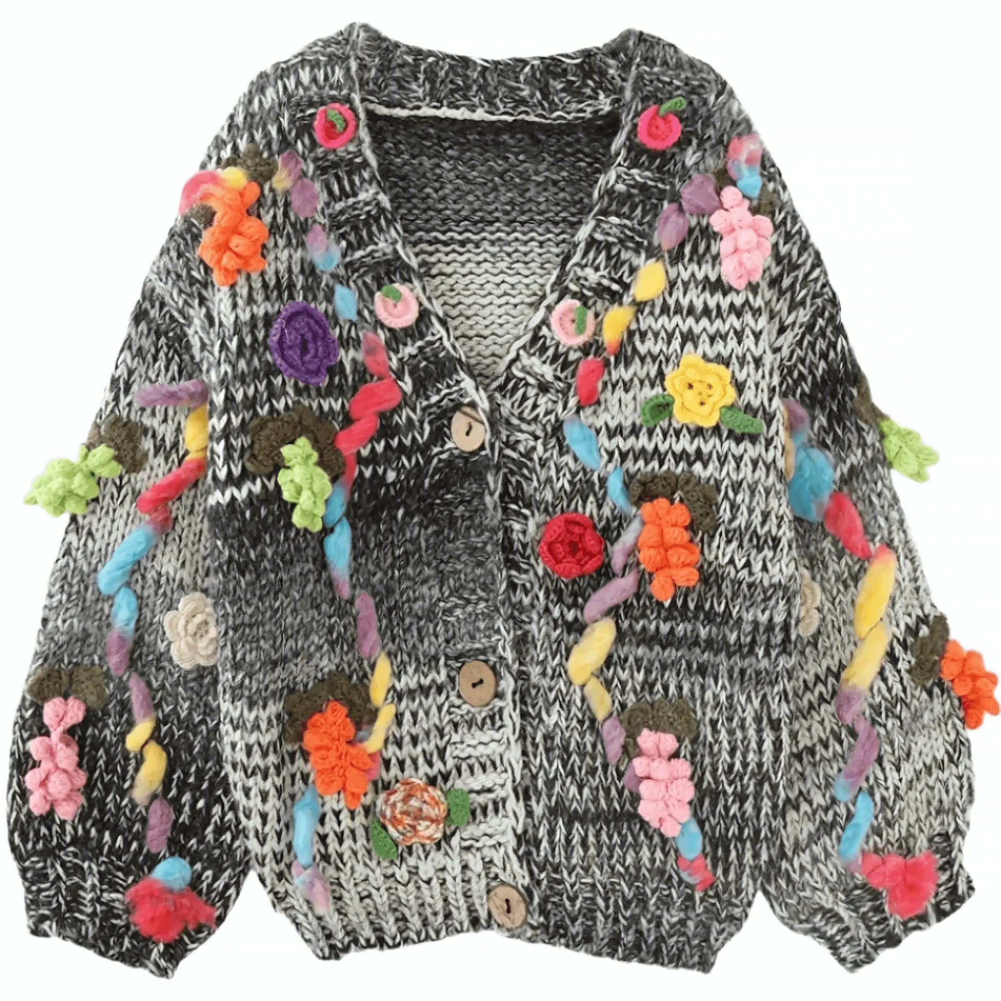 Vintage Handmade Knit Hook Flower Cardigan Coat - IVORYNN