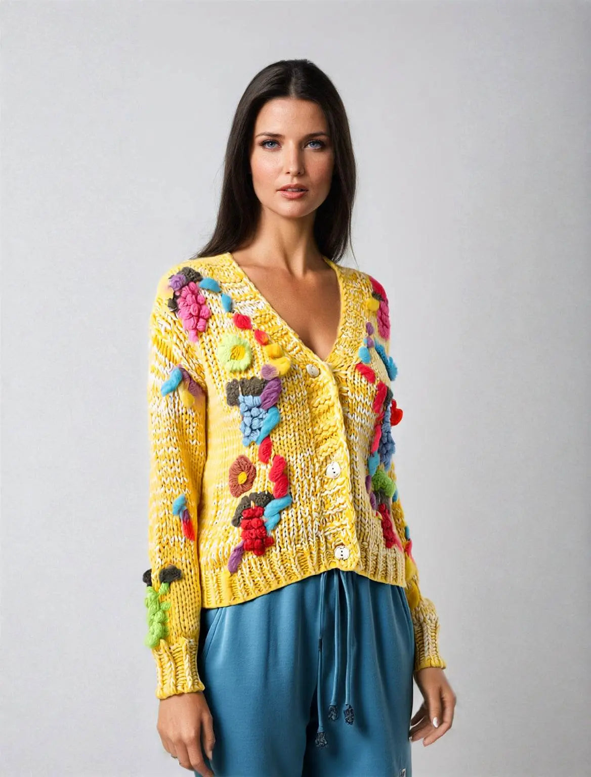 Vintage Handmade Knit Hook Flower Cardigan Coat - IVORYNN