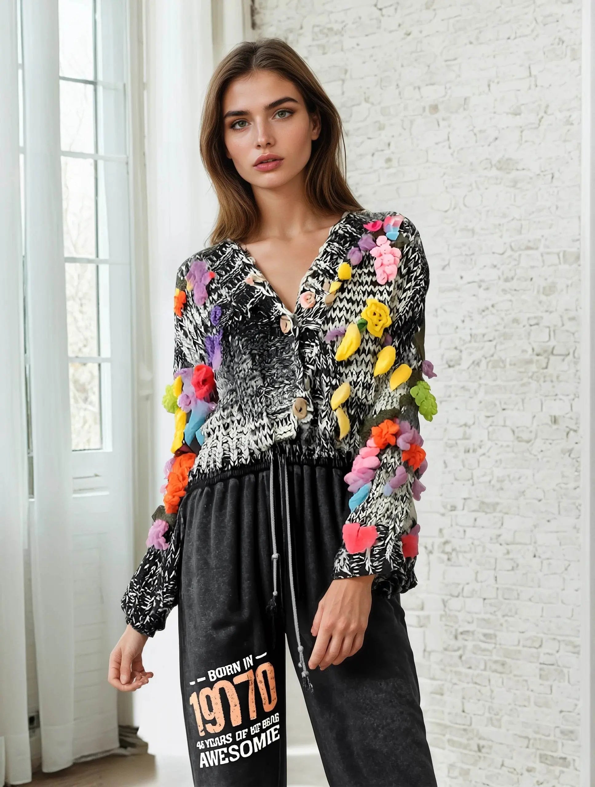 Vintage Handmade Knit Hook Flower Cardigan Coat - IVORYNN