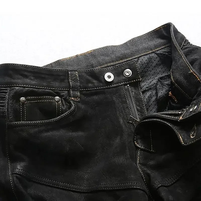 Vintage Heavyweight Woven Elastic Leather Pencil Trousers - IVORYNN