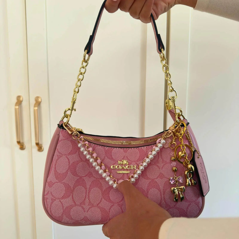 Vintage Luxury Pink Handbag with Pearls and Charms - IVORYNN