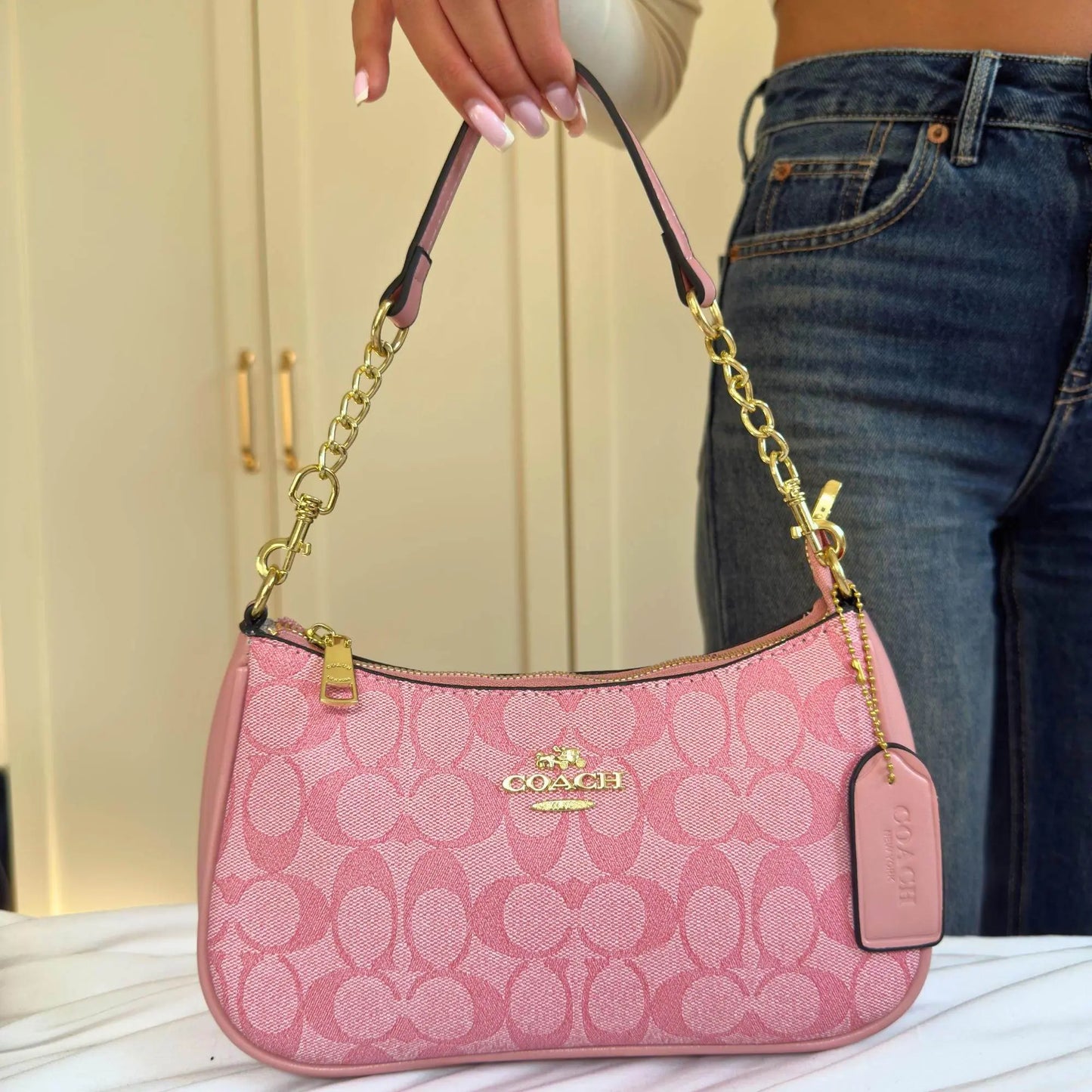 Vintage Luxury Pink Handbag with Pearls and Charms - IVORYNN