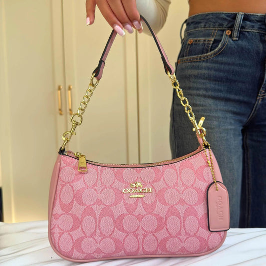 Vintage Luxury Pink Handbag with Pearls and Charms