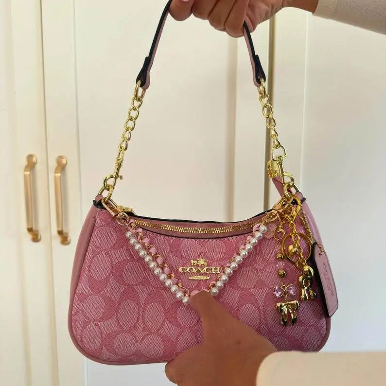 Vintage Luxury Pink Handbag with Pearls and Charms - IVORYNN