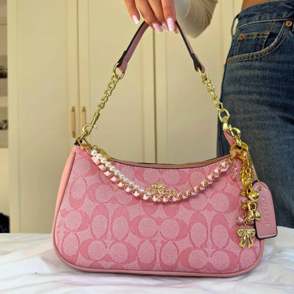 Vintage Luxury Pink Handbag with Pearls and Charms - IVORYNN