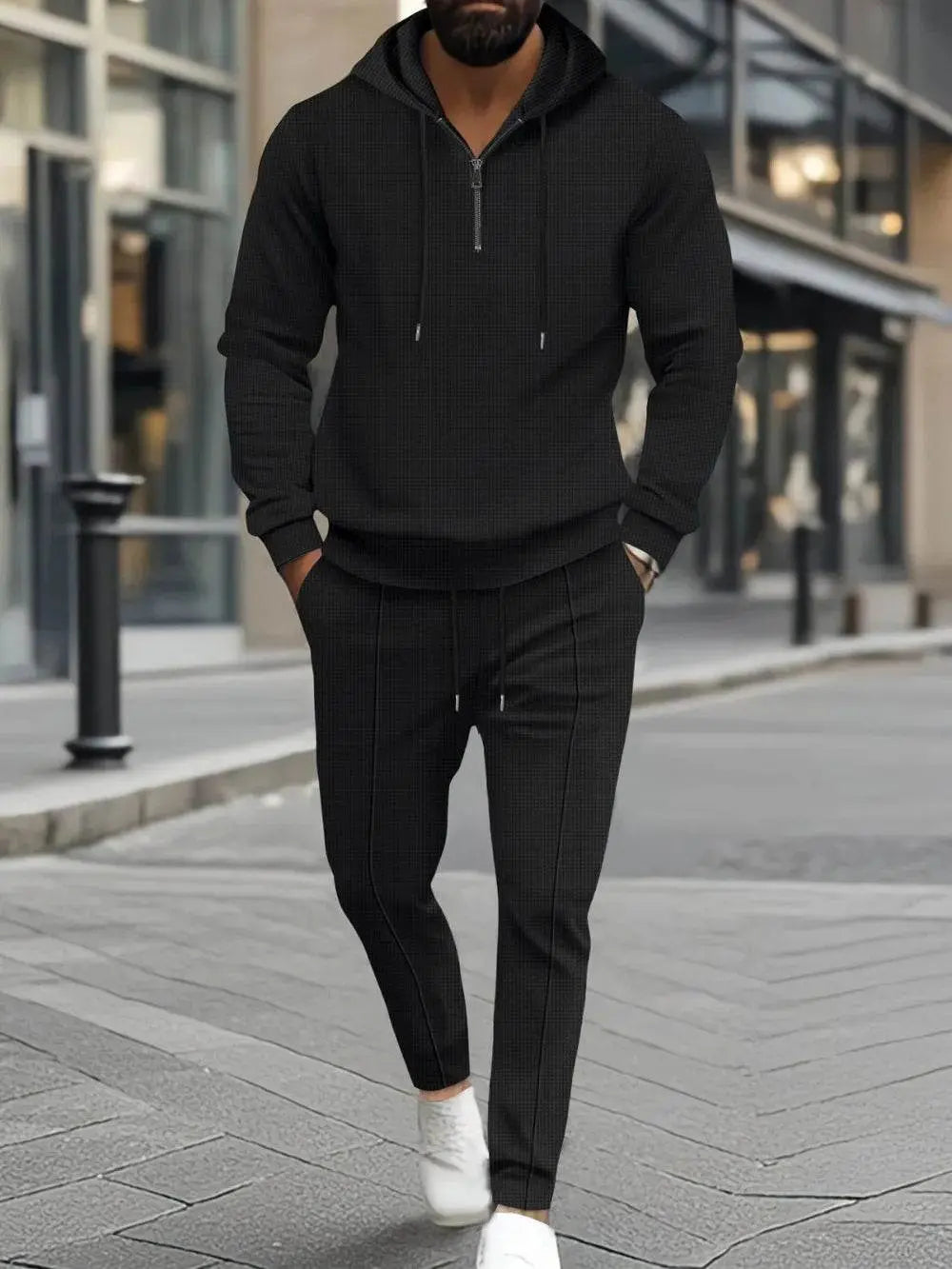 Waffle-Knit Half Zipper Hoodie and Pants Set Plus Size - IVORYNN