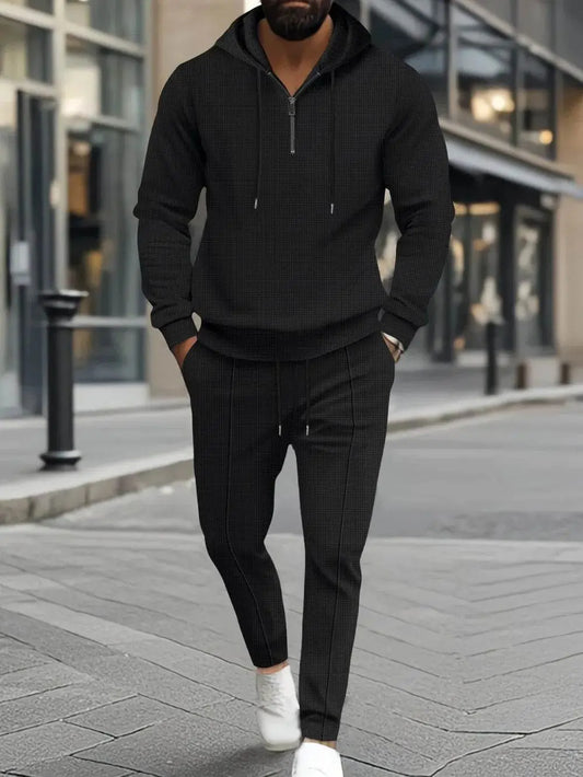 Waffle-Knit Half Zipper Hoodie and Pants Set Plus Size