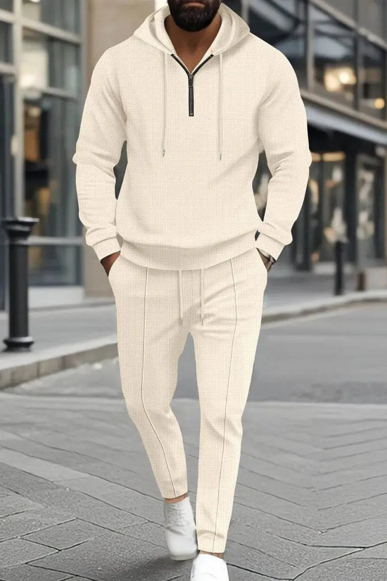 Waffle-Knit Half Zipper Hoodie and Pants Set Plus Size - IVORYNN