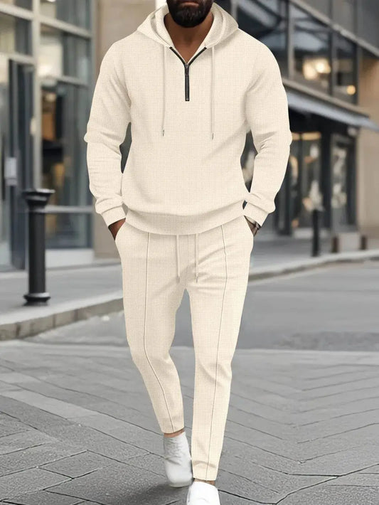 Waffle-Knit Half Zipper Hoodie and Pants Set Plus Size