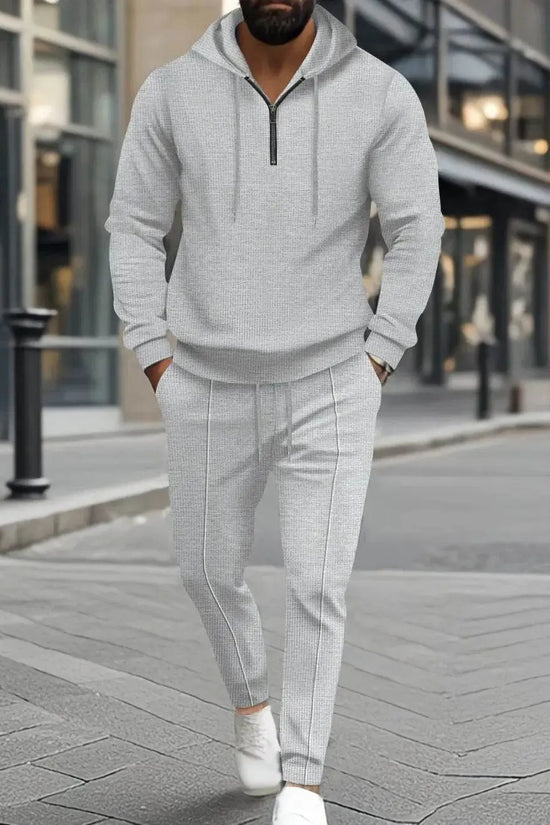 Waffle-Knit Half Zipper Hoodie and Pants Set Plus Size - IVORYNN