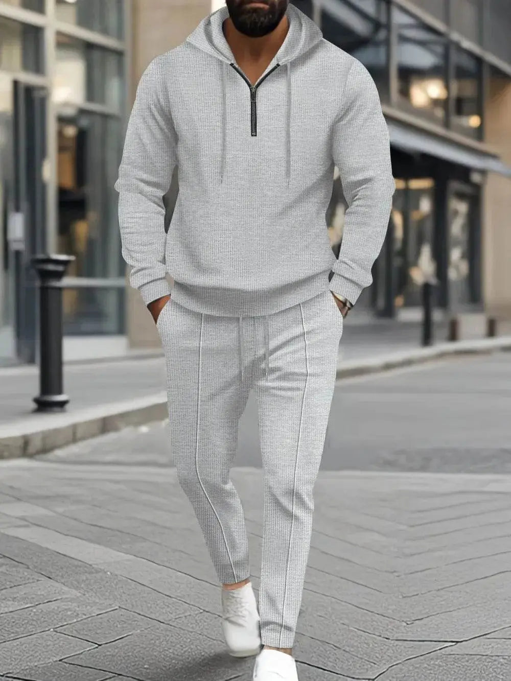 Waffle-Knit Half Zipper Hoodie and Pants Set Plus Size - IVORYNN