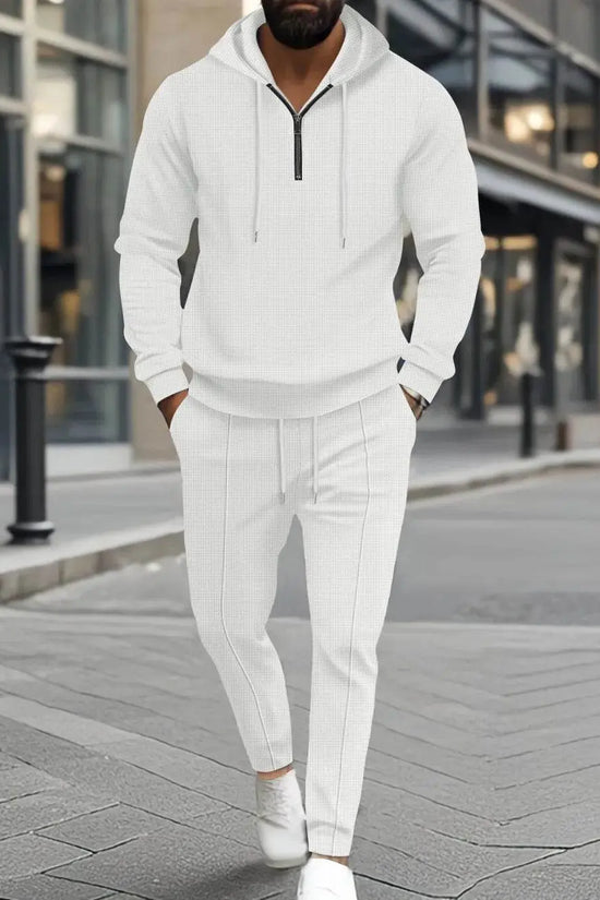 Waffle-Knit Half Zipper Hoodie and Pants Set Plus Size - IVORYNN
