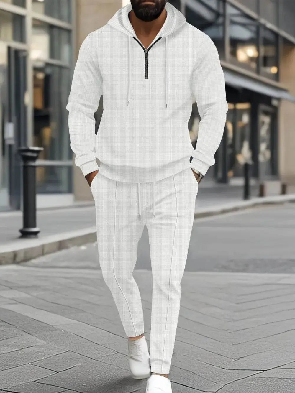 Waffle-Knit Half Zipper Hoodie and Pants Set Plus Size - IVORYNN