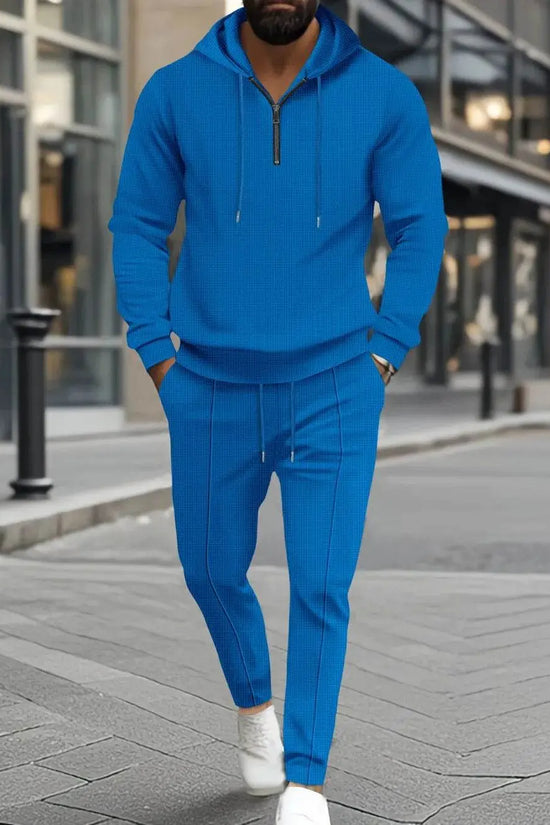 Waffle-Knit Half Zipper Hoodie and Pants Set Plus Size - IVORYNN