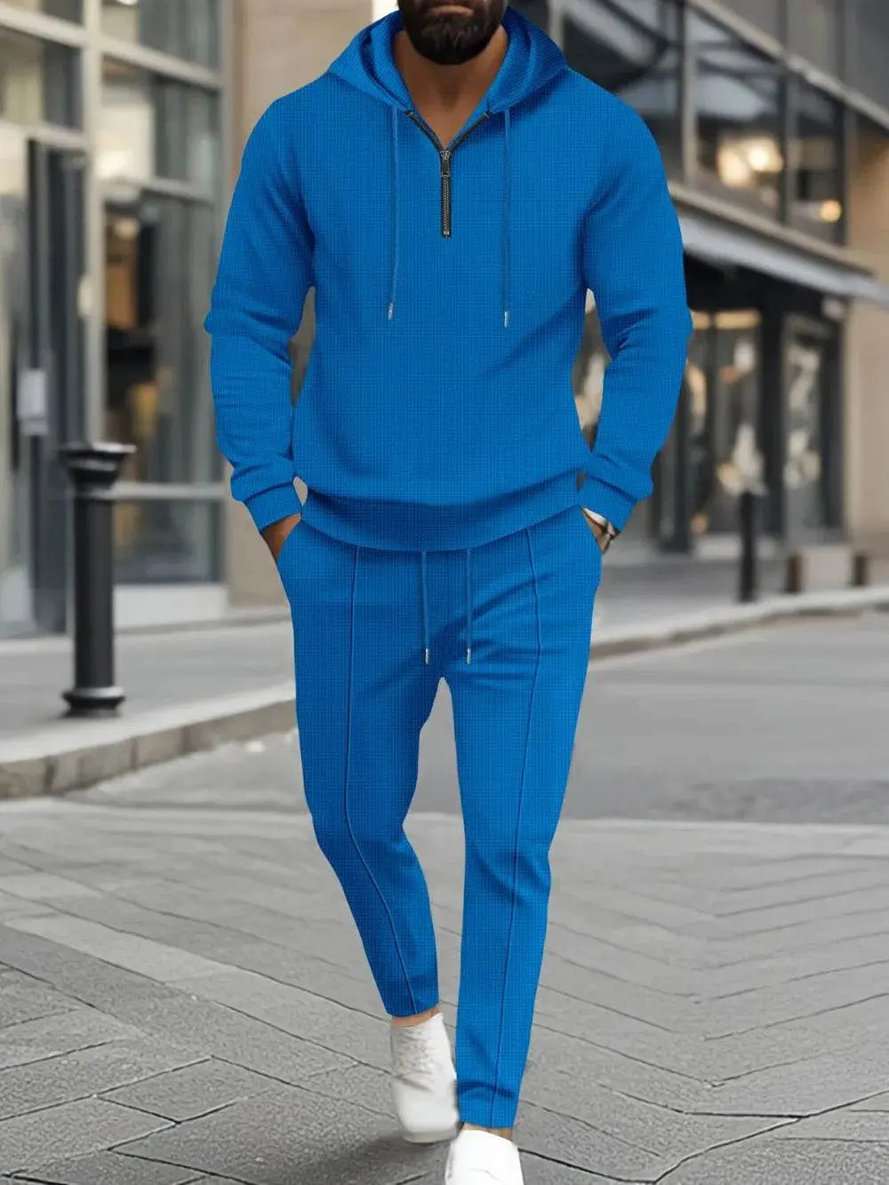 Waffle-Knit Half Zipper Hoodie and Pants Set Plus Size - IVORYNN
