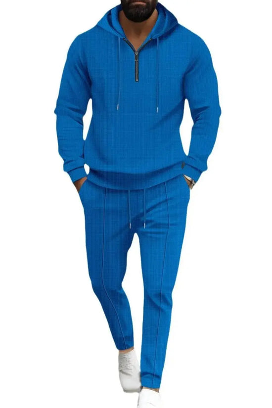 Waffle-Knit Half Zipper Hoodie and Pants Set Plus Size - IVORYNN