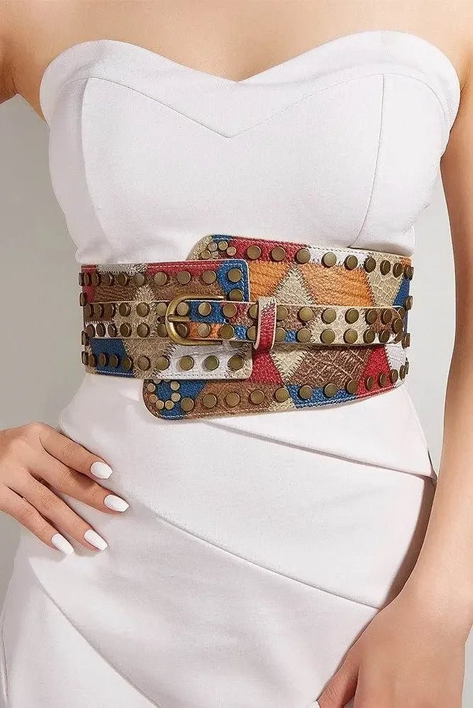 Western Vintage Colorblock Rivet Luxury Belt - IVORYNN