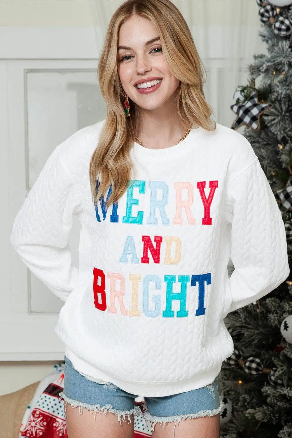 White Merry and Bright Quilted Sweatshirt - IVORYNN