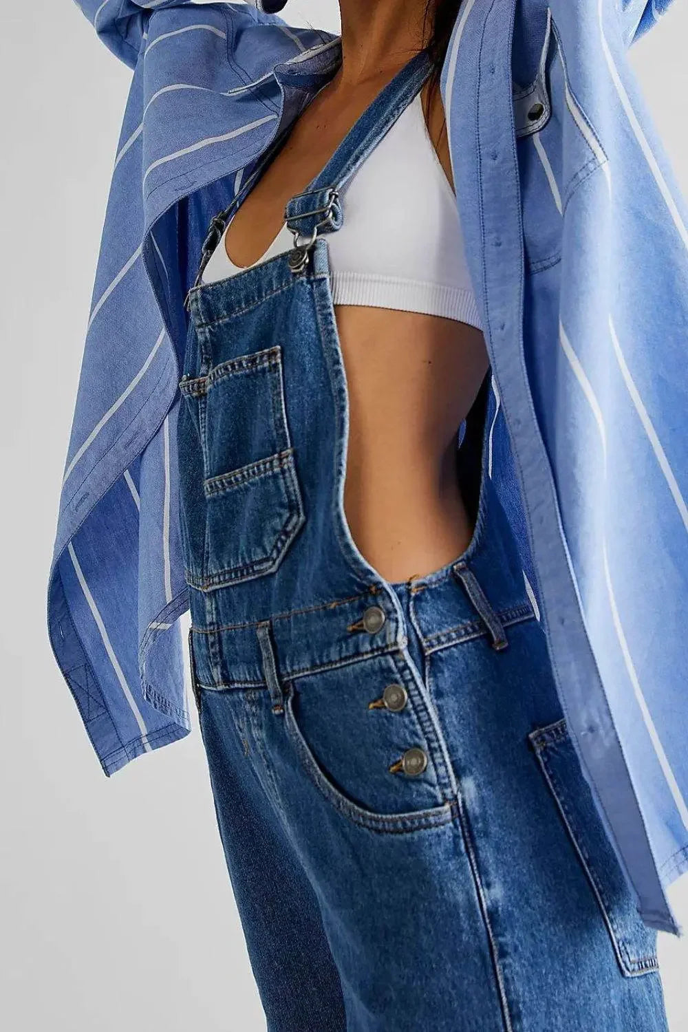 Wide Strap Square Neck Denim Overalls - IVORYNN