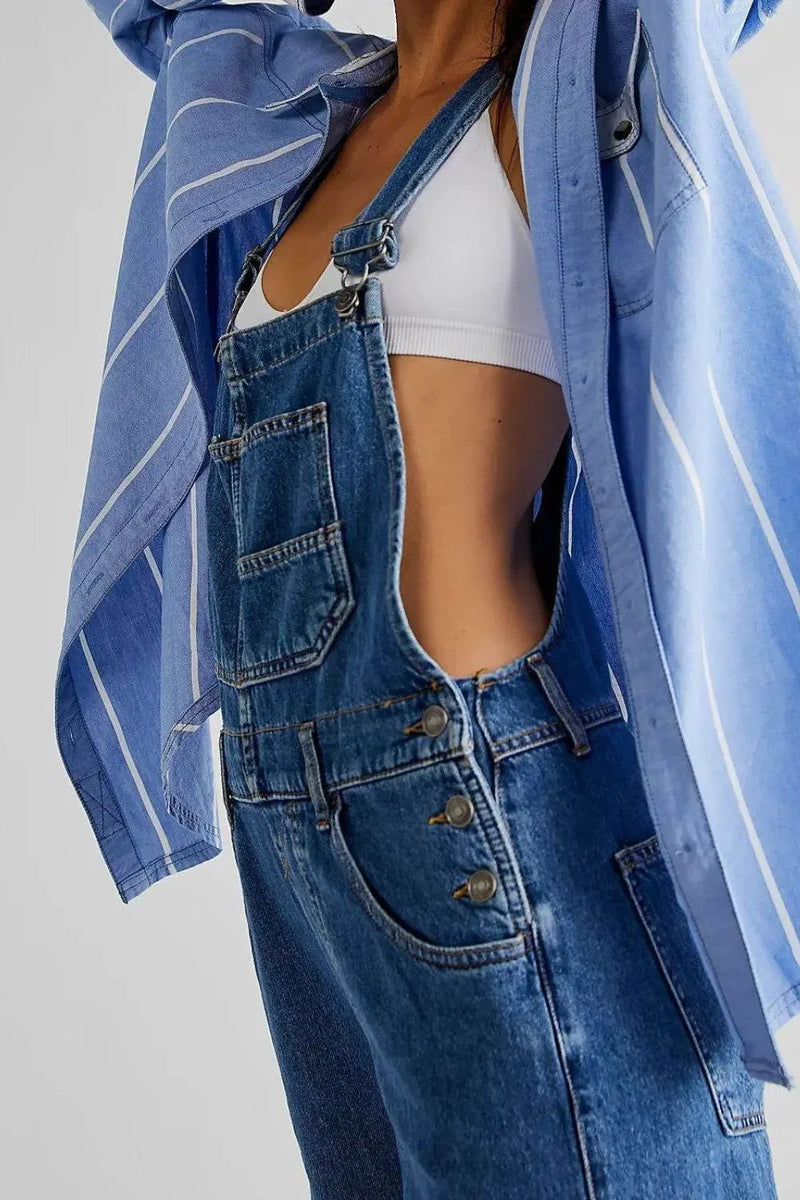 Wide Strap Square Neck Denim Overalls - IVORYNN