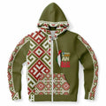 Olive women’s zip-up hoodie with geometric red and white patterns, front pockets, by Ivorynn