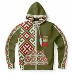 Olive women’s zip-up hoodie with geometric red and white patterns, front pockets, by Ivorynn