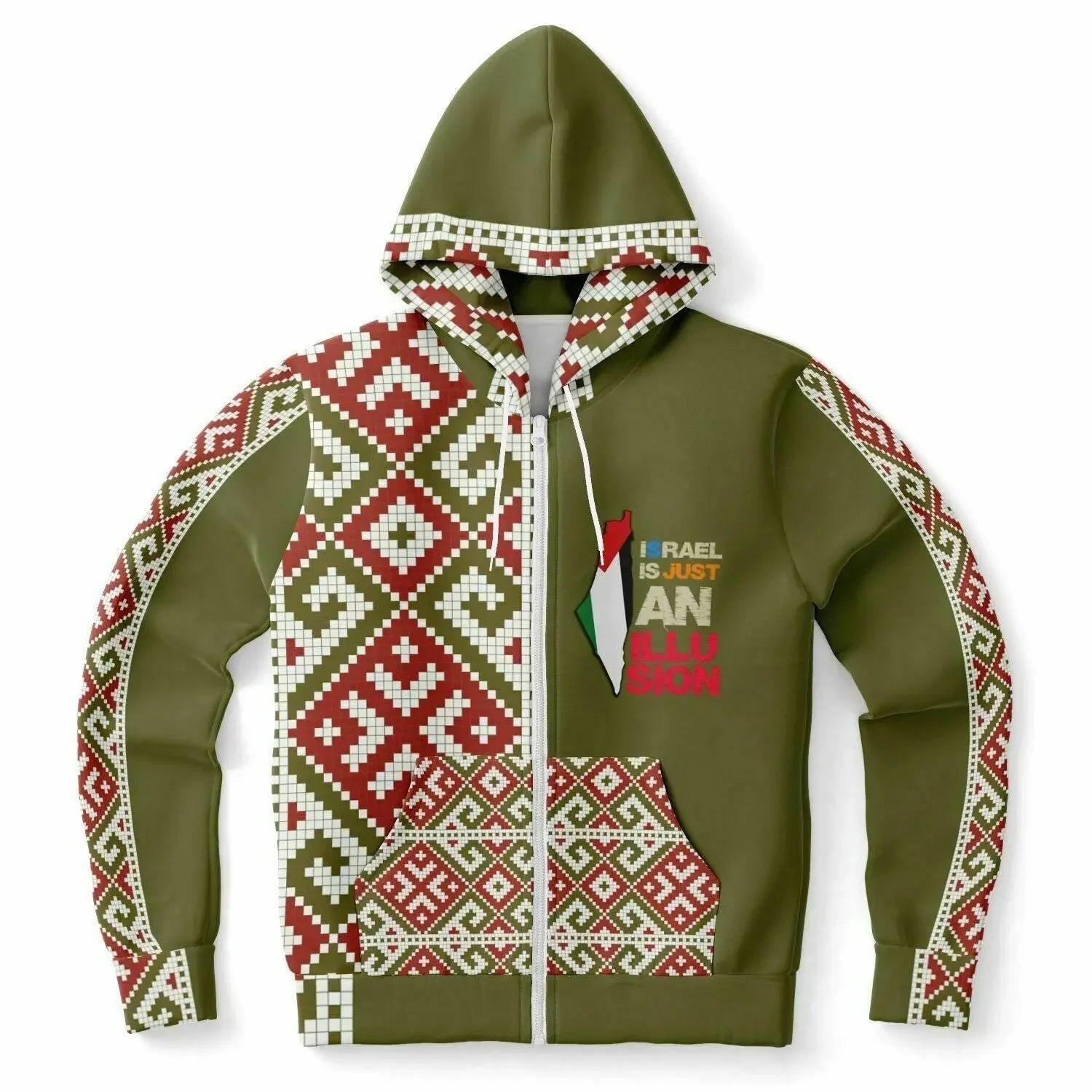 Olive women’s zip-up hoodie with geometric red and white patterns, front pockets, by Ivorynn