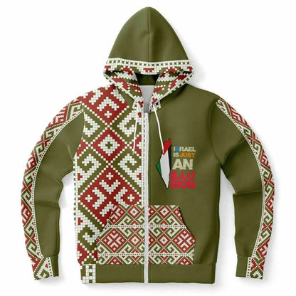 Olive women’s zip-up hoodie with geometric red and white patterns, front pockets, by Ivorynn