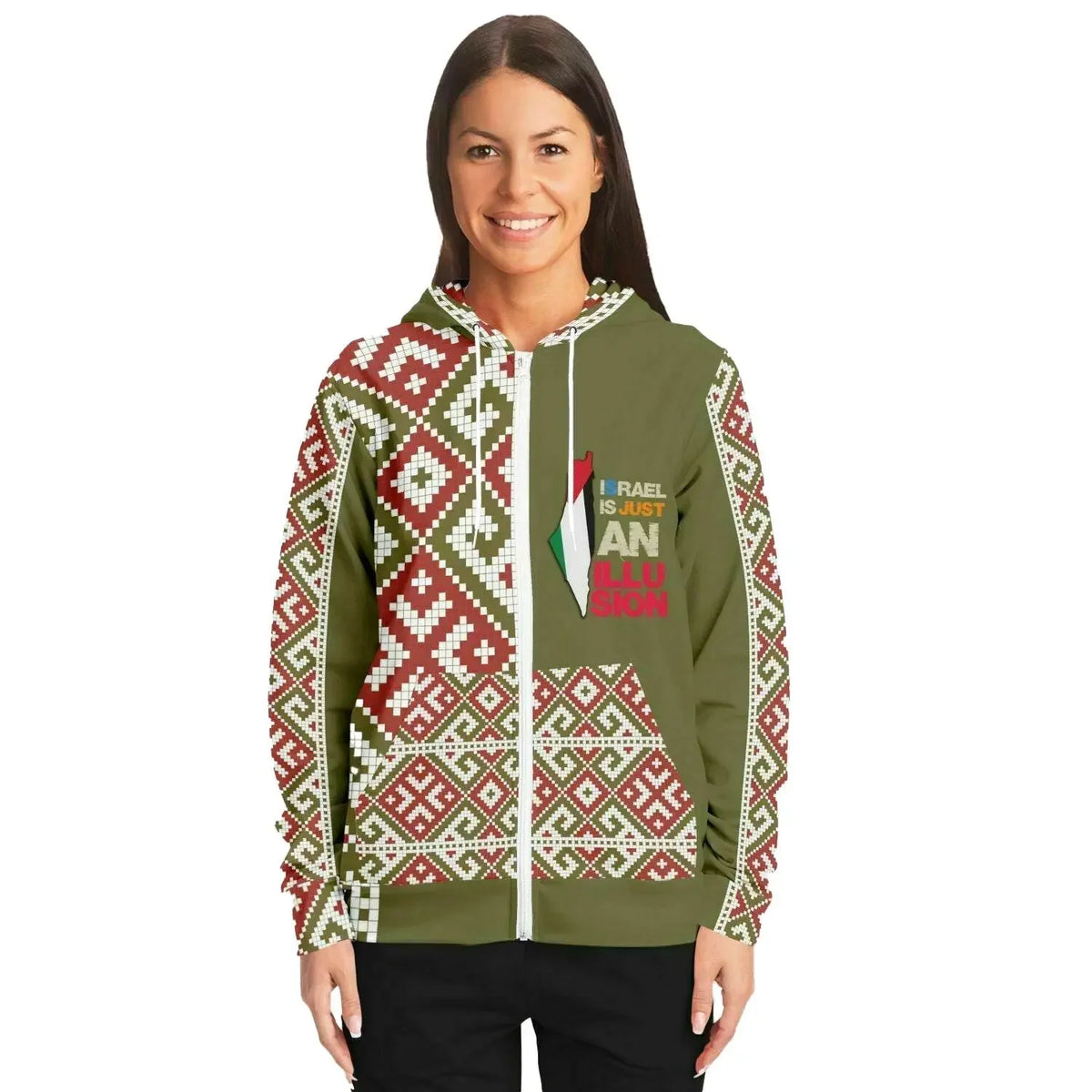 Woman wearing olive zip-up hoodie with red and white geometric patterns from Ivorynn