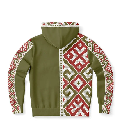 Women's olive zip-up hoodie with red and white geometric pattern, IVORYNN athletic apparel