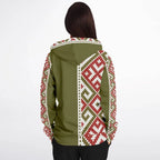 Woman wearing olive zip-up hoodie with red and white geometric patterns, Ivorynn fashion