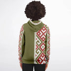Olive zip-up hoodie for women with red, white geometric patterns, shown from the back, Ivorynn fashion