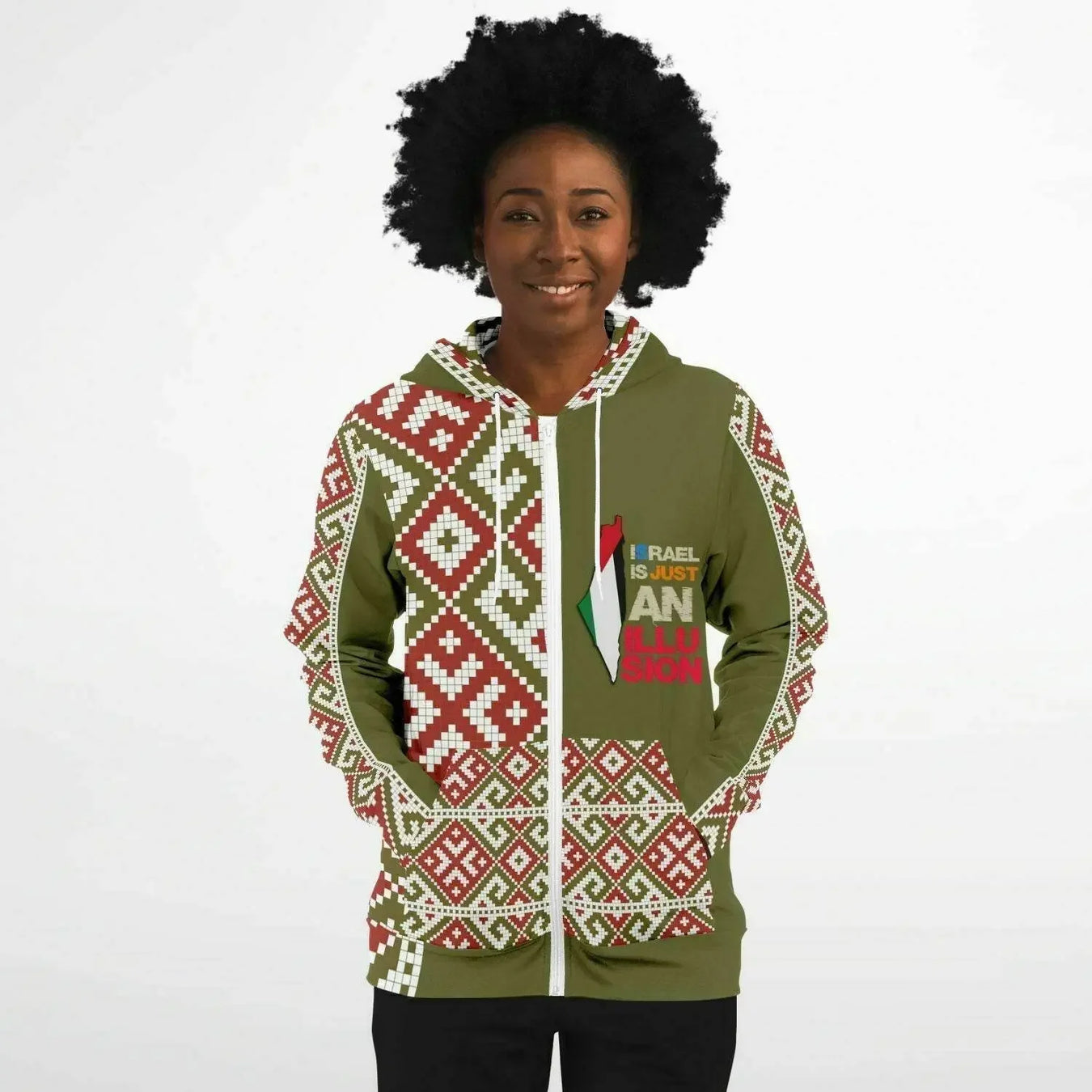 Woman wearing an olive green zip-up hoodie with geometric patterns from Ivorynn