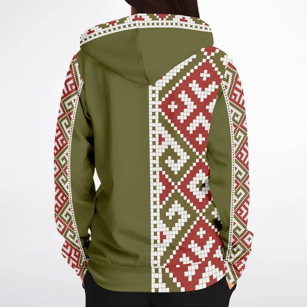 Woman wearing olive zip-up hoodie with red and white geometric patterns, Ivorynn fashion