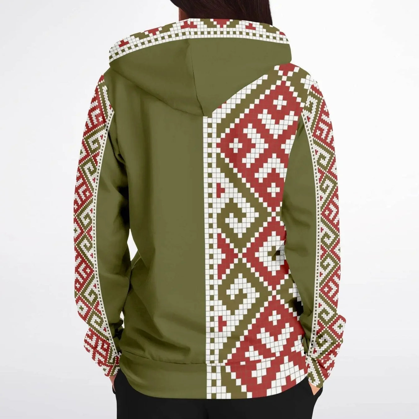 Woman wearing olive zip-up hoodie with red and white geometric patterns, Ivorynn fashion