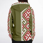 Woman wearing olive zip-up hoodie with red and white geometric patterns, Ivorynn fashion