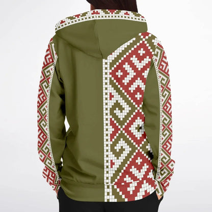 Woman wearing olive zip-up hoodie with red and white geometric patterns, Ivorynn fashion
