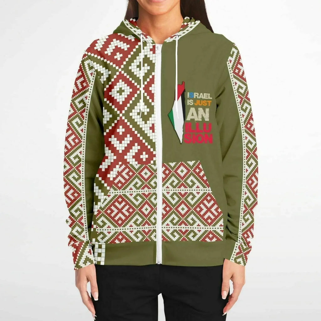 Women’s olive green zip-up hoodie with red and white geometric patterns from Ivorynn