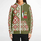 Women’s olive green zip-up hoodie with red and white geometric patterns from Ivorynn