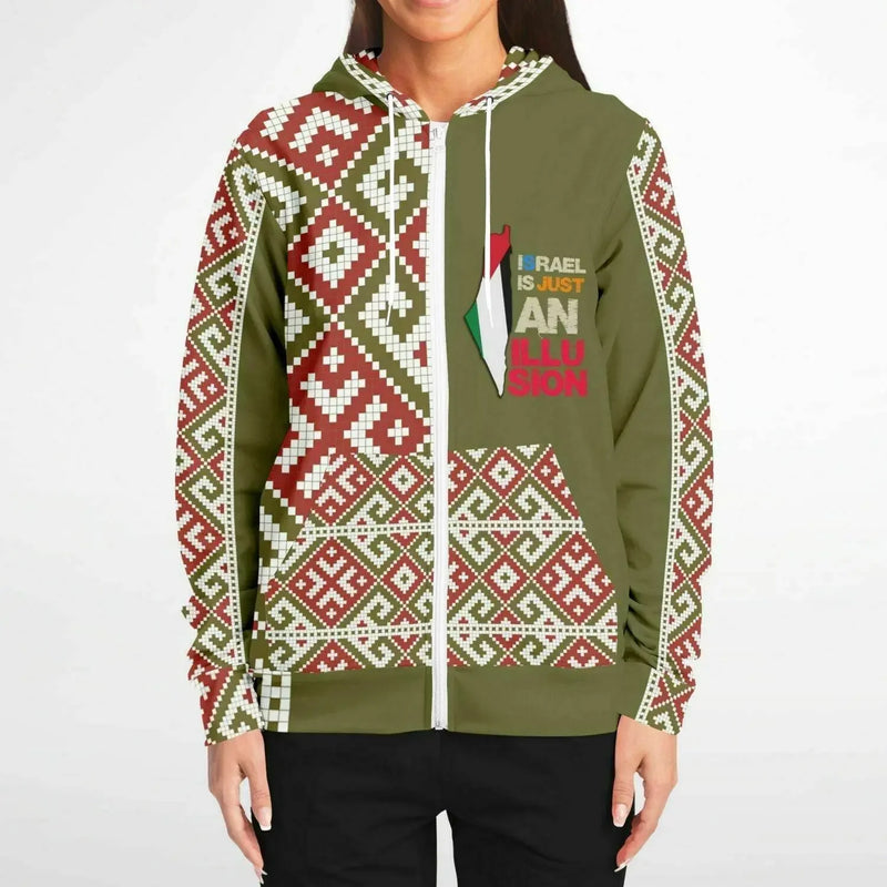 Women’s olive green zip-up hoodie with red and white geometric patterns from Ivorynn