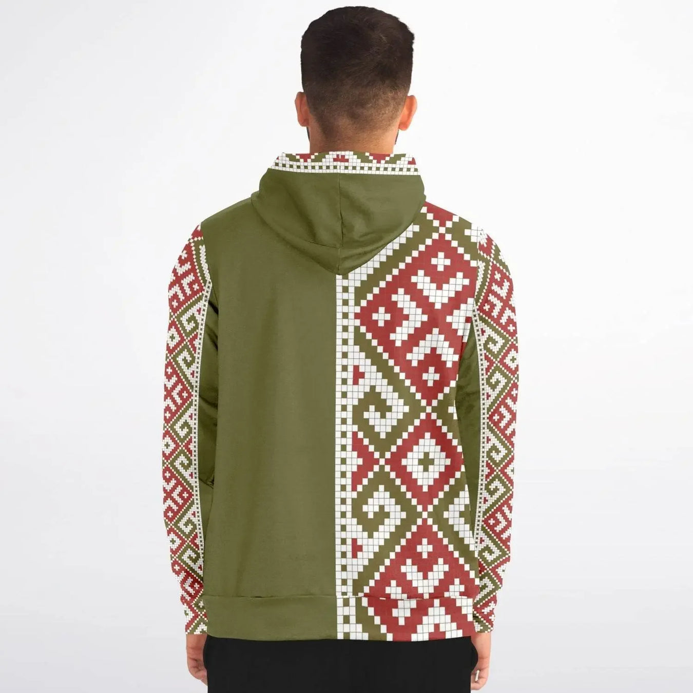Back view of man wearing olive green hoodie with red and white geometric pattern