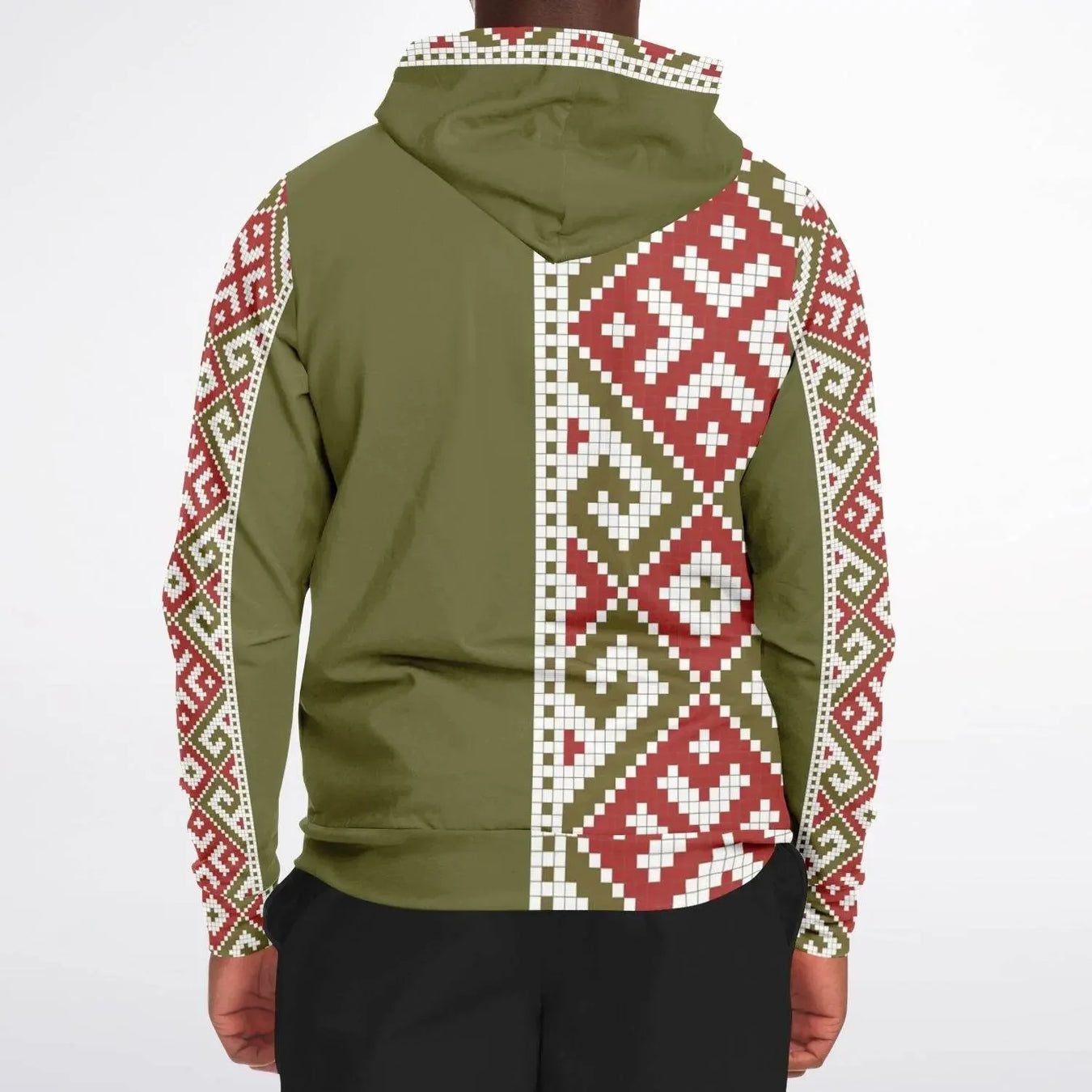 Back view of an olive zip-up hoodie with red and white geometric pattern, IVORYNN fashion.