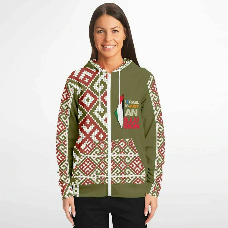 Woman wearing olive green zip-up hoodie with geometric red and white patterns and text design, IVORYNN fashion.