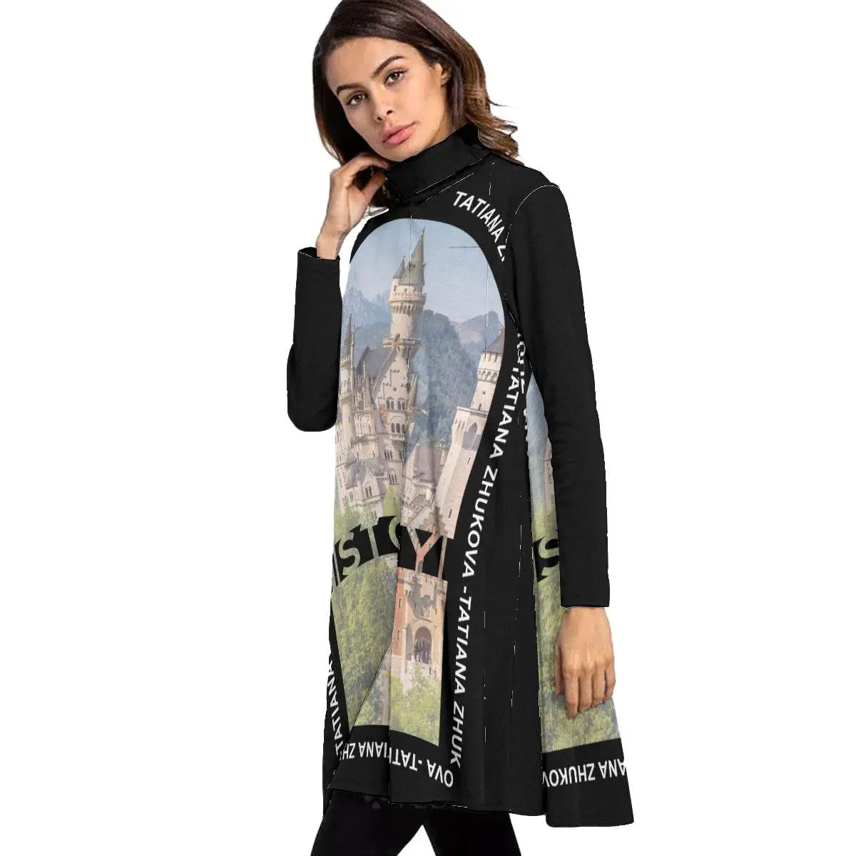Women's High Neck Dress With Long Sleeve - Black - IVORYNN