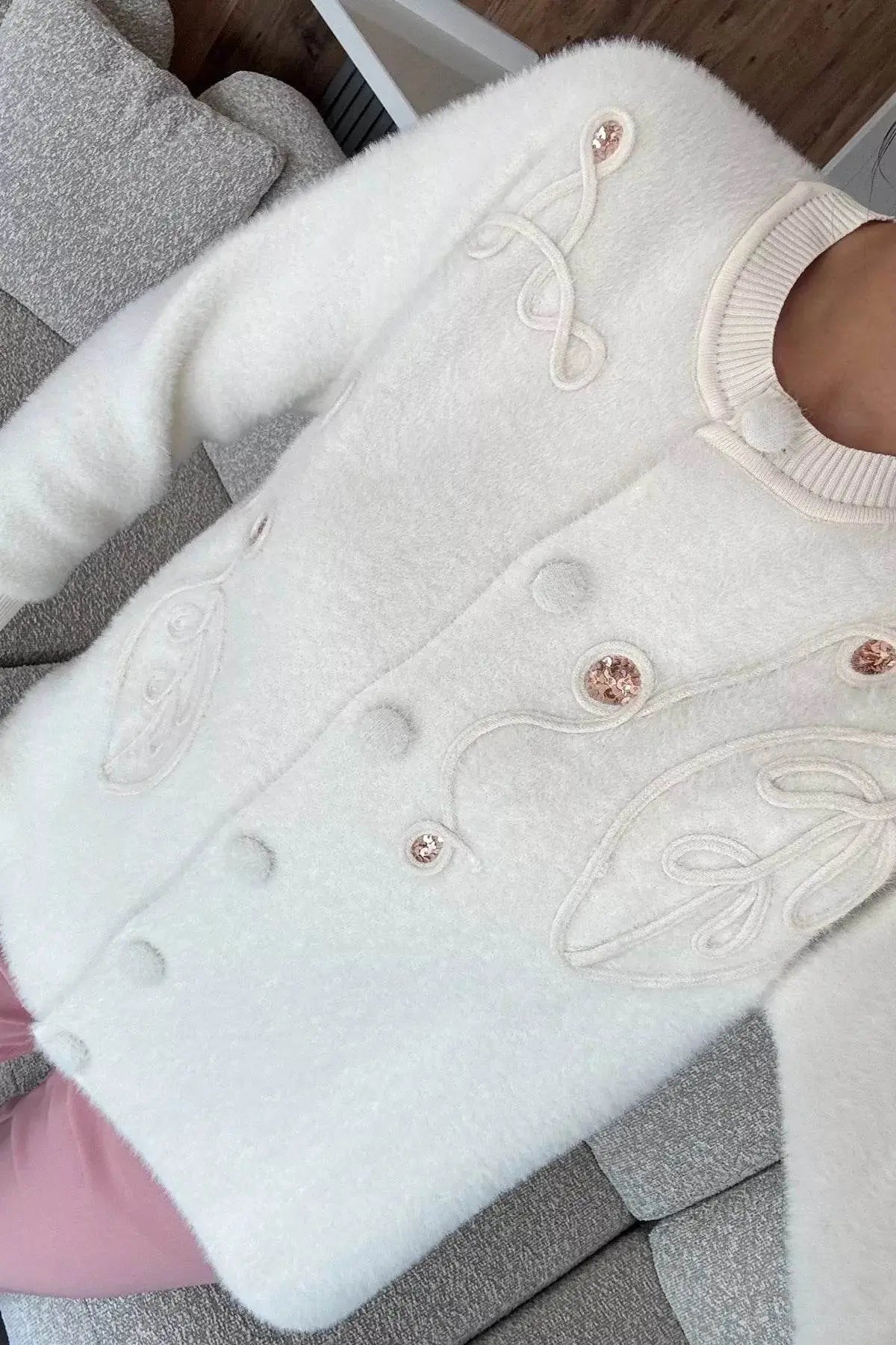 Women's Sequin Embroidered Fluffy Knit Cardigan - IVORYNN