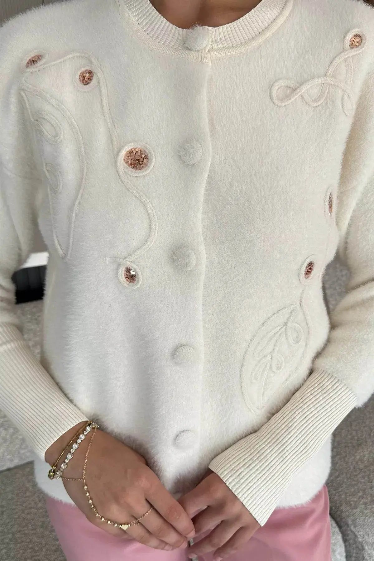 Women's Sequin Embroidered Fluffy Knit Cardigan - IVORYNN