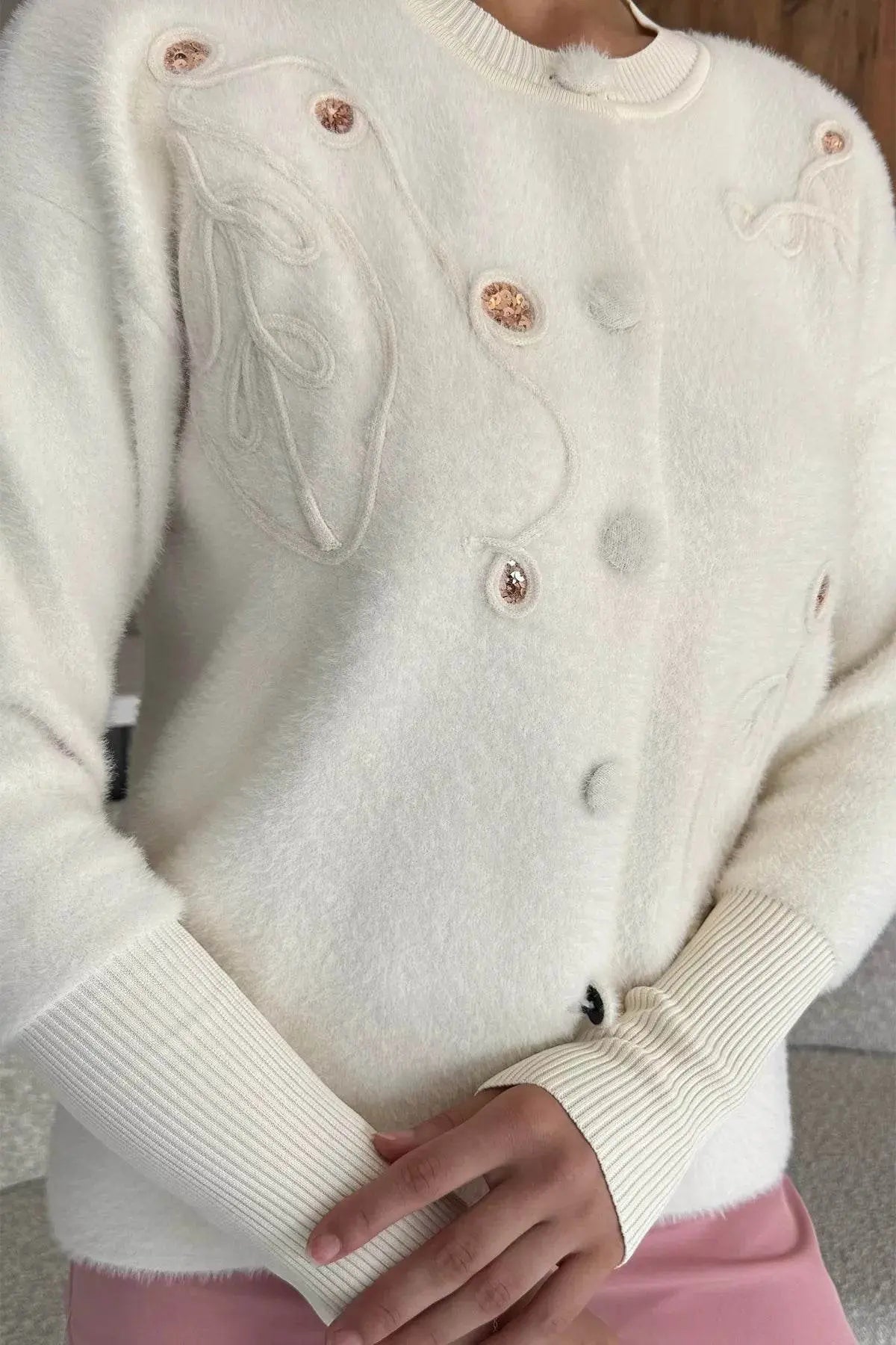 Women's Sequin Embroidered Fluffy Knit Cardigan - IVORYNN