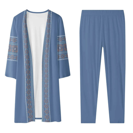 Women’s blue long sleeve cardigan with geometric patterns and matching leggings set from Ivorynn