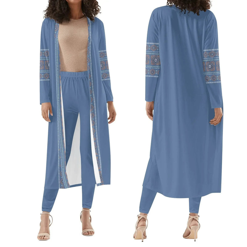 Woman modeling UCLA blue long sleeve cardigan and leggings set with patterned sleeves from Ivorynn